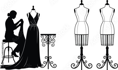 Fashion designer silhouette illustration, seamstress working vector, dress form artwork, garment creation icon, tailoring motif, couture design symbol, creative workspace decor