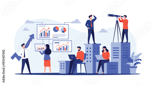 Business team analyzing charts and using telescope from high building top representing market research and vision.