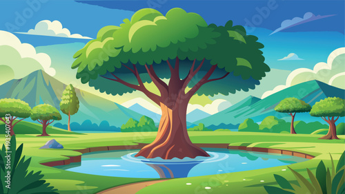 Whimsical forest scene with a large tree beside a calm pond under a bright sky