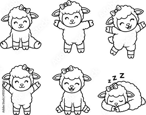 Six cute cartoon sheep in different poses with bows Black outline coloring book