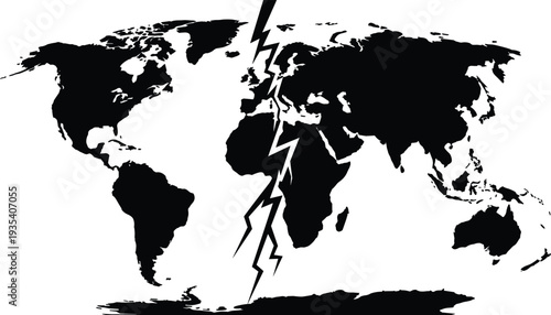 Flat vector illustration of world map silhouette split by lightning crack, symbolizing global division, conflict, crisis and disruption design