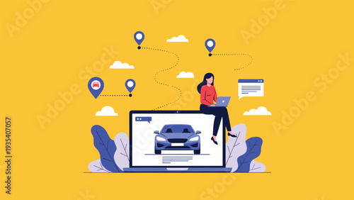 Woman using laptop to book car service online with map pins and vehicle tracking symbols in background of the scene.