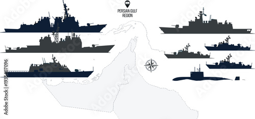 Persian Gulf region map naval warships submarine military presence geopolitical strategy maritime security energy trade compass rose flat vector illustration