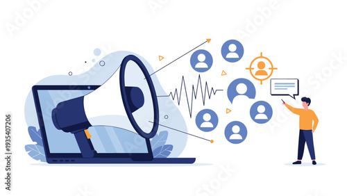 Business man using megaphone on laptop to reach target audience and potential customers through digital marketing.