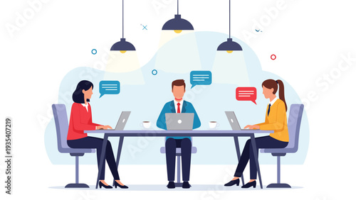 Professional business team working together in modern office space using laptops and communicating with speech bubbles.