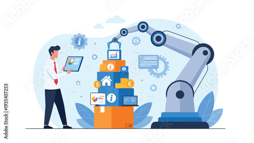 Robotic arm stacking boxes with data and money icons near man with tablet representing automated management.
