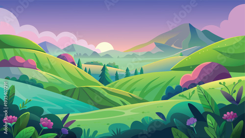 Vibrant sunset over rolling green hills and cloud-dotted sky