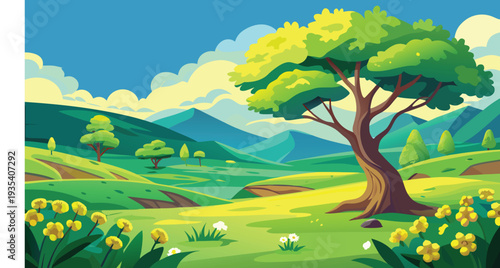 A serene landscape featuring a large tree amidst a vibrant pastoral scene under a clear sky
