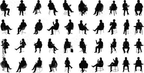 Assortment Of Black Silhouettes Of People Seated In Chairs Holding Devices sitting person