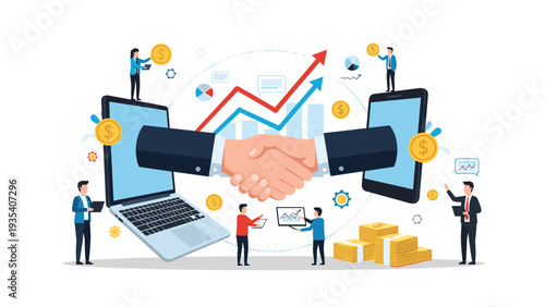 Business handshake emerging from laptops surrounded by people, financial charts, and cash symbolizing global deals.