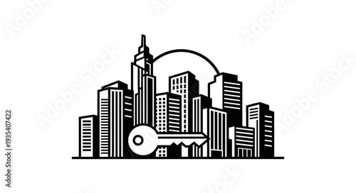 Cityscape with key symbolizes real estate, property, and urban development, representing ownership and access.