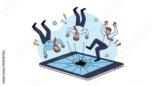 Business people falling through cracks of giant broken tablet screen representing technology failure or crisis.