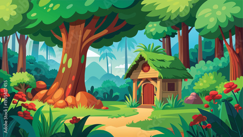 Enchanted forest scene with a quaint cottage and winding path through nature