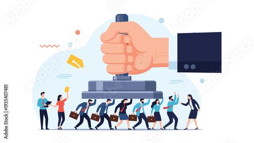 Giant hand stamping down on a line of professional business people representing corporate pressure and authority.