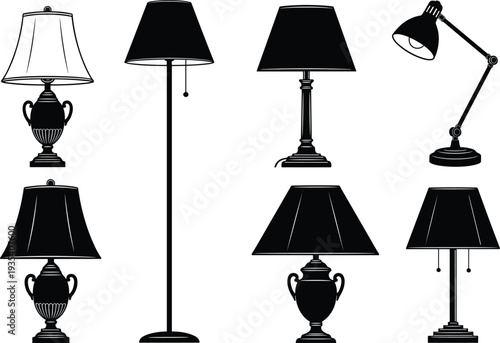 Lamp silhouettes illustration, table lamp vector, floor lamp design, desk lamp artwork, modern lighting icon, interior decor symbol, home illumination graphic