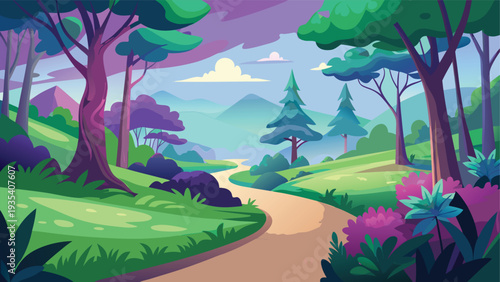 Mystical forest path leading to a magical enchanted castle in a whimsical landscape