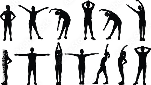 Collection of Black Silhouettes of People Performing Stretching and Warm-up Exercises vector illustration