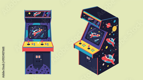 Classic retro arcade game cabinet with colorful space graphics and joystick controls for vintage gaming experience.