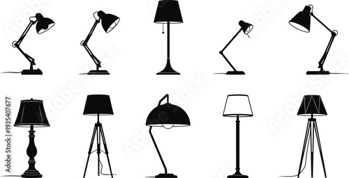 Lamp silhouettes illustration, desk lamp vector, table lamp design, floor lamp artwork, modern lighting icon, interior decor symbol, home illumination graphic