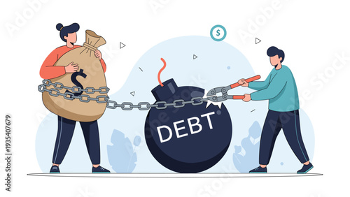 Financial freedom concept showing people breaking the chains of debt and carrying a bag of money for wealth management.