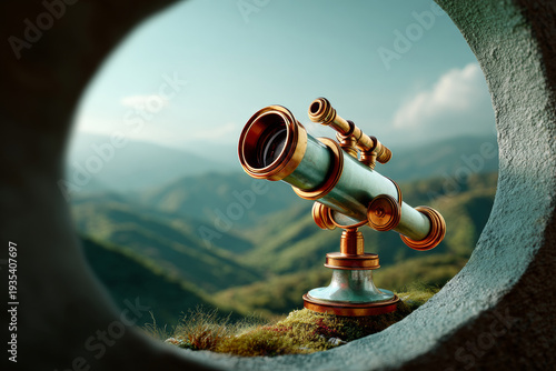 A vintage telescope with a brass body and wooden knobs is perched on top of a hill, overlooking the mountains in the distance through an opening in a circular stone wall.