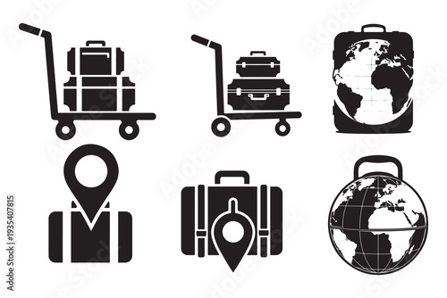 Collection of travel and transportation icons isolated on transparent background