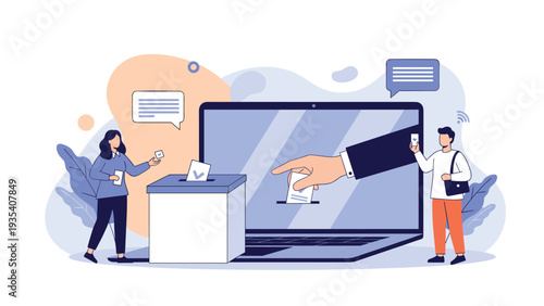Concept of digital and traditional voting showing people participating in elections through laptop screens and physical ballot boxes.