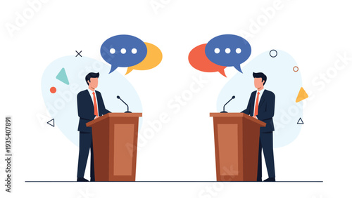 Two professional male candidates engaged in a political or business debate at podiums with speech bubbles representing communication.