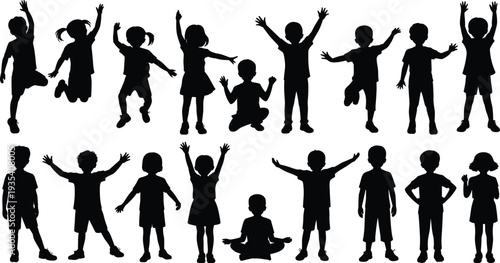 Diverse group of children silhouettes in various playful poses on white background kids