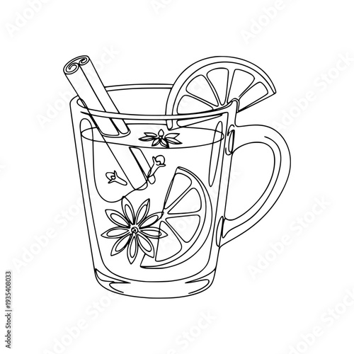 Glass of hot drink with citrus slices and spices in line style on white background, concept of warm beverage and comfort