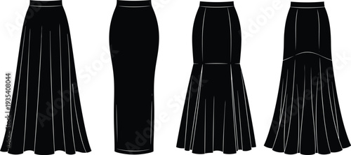 Long skirt silhouettes illustration, fashion design vector, pencil skirt artwork, mermaid skirt icon, flared skirt motif, garment style symbol, clothing decor