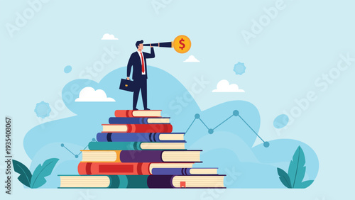Ambitious businessman standing on a pile of books and using a telescope to look for financial opportunities and market trends.