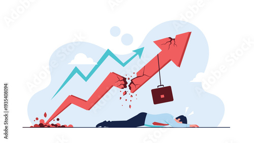 Business failure and economic crisis concept with a man crushed under a large broken falling arrow representing market collapse.