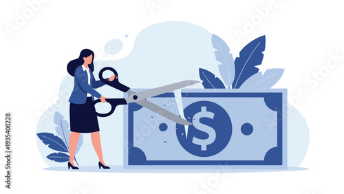Concept of budget cuts or inflation showing a woman using large scissors to cut a giant dollar bill for cost-saving measures.