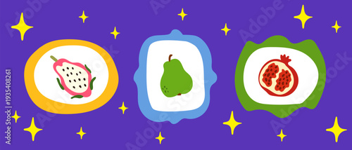 Cartoon Fruit Retro Party Card. Positive Vibrant Nostalgic Event Invitation. Festive Colorful Summer Beach Vibe menu page Print. Fresh Ripe Healthy Vitamin Food Symbol. Cute Colorful Tropical Design