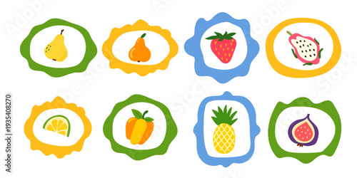 Cartoon Tropical Fruit in Doodle Curved Imperfect Frame Border. Hand Drawn Vibrant Food Icon Sticker for Birthday Party Menu. Retro Summer Beach Card Art Symbol. Kid T Shirt Happy Positive Print.