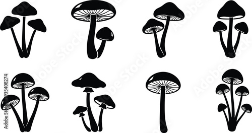 Mushroom silhouettes illustration, botanical fungi vector, wild mushroom artwork, forest nature design, edible mushroom icon, organic growth motif, natural decor