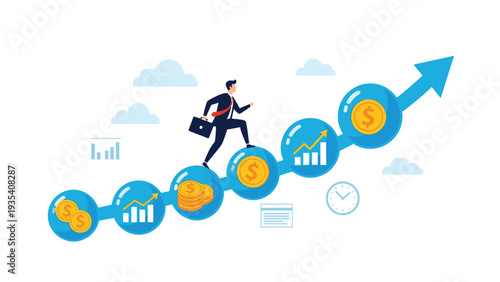 Ambitious businessman running up an upward-trending arrow composed of financial growth bubbles filled with coins and graphs.