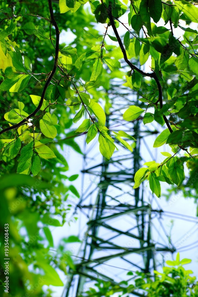 Fototapeta premium Lush green leaves frame a tall power line tower. Foliage softly blurs the background. Structure stands against clear blue sky. Nature and infrastructure intersect gracefully