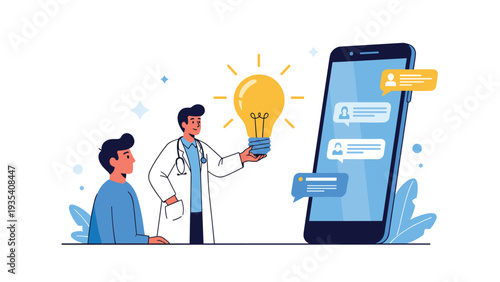 Innovative telemedicine app showing a doctor sharing new healthcare ideas with a patient through a large mobile interface.