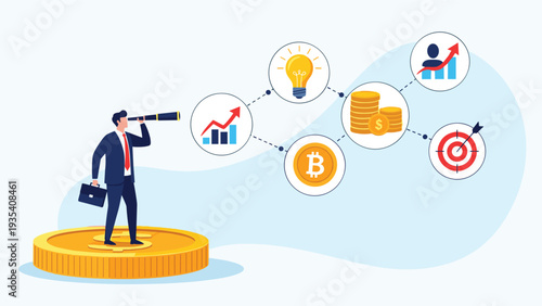 Strategic investor looking through a telescope at various financial opportunities including cryptocurrency stocks and business growth.