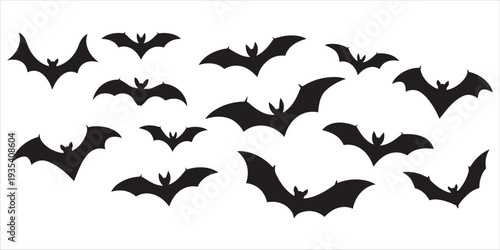 Scattered Black Bat Silhouettes on a White Background bats flying
