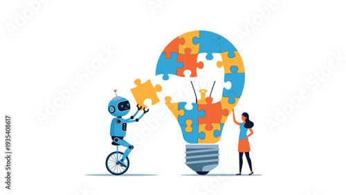 Small blue robot on a unicycle and a woman working together to assemble a large lightbulb using colorful puzzle pieces and logic.