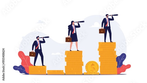 Business professionals standing on different heights of gold coin stacks using telescopes to represent financial forecasting and success.