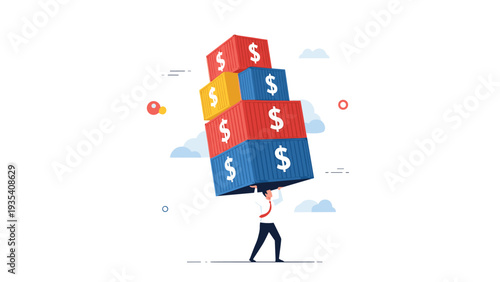 Determined businessman lifting a heavy stack of colorful shipping containers marked with dollar signs representing global trade costs.