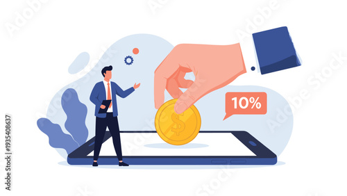 Giant hand placing a gold coin into a slot on a digital tablet held by a businessman gesturing toward a ten percent discount offer.