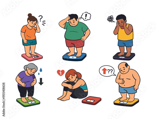 People with different body types and ages expressing sadness and concern while checking their weight on a bathroom scale