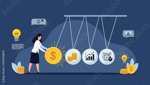 Professional woman activating a Newton's cradle using a large gold coin to trigger a chain reaction of business growth and data metrics.