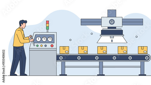 Factory worker managing a control console on an automated production line with various boxes moving along a conveyor belt system.