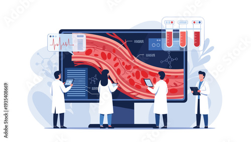 Group of healthcare professionals using tablets to analyze a detailed cross-section of a human blood vessel on a large digital screen.